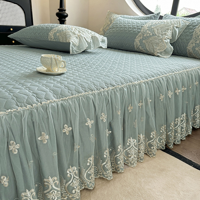 91家纺网 家纺一手货源 找家纺 罗艺轩 2025新款全棉纯棉蕾丝刺绣琉璃单床裙床裙单件（1.5m控价135起、1.8m控价140起、1.8*2.2m控价145起、2.0m控价150起） 琉璃-豆绿