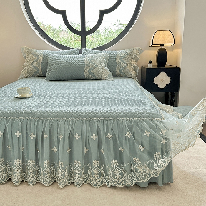 91家纺网 家纺一手货源 找家纺 罗艺轩 2025新款全棉纯棉蕾丝刺绣琉璃单床裙床裙单件（1.5m控价135起、1.8m控价140起、1.8*2.2m控价145起、2.0m控价150起） 琉璃-豆绿