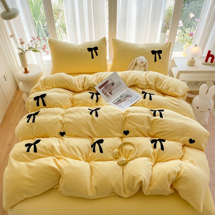 茉礼 2025新款心动蝴蝶结A类加厚牛奶绒四件套毛巾绣四件套 心动奶黄