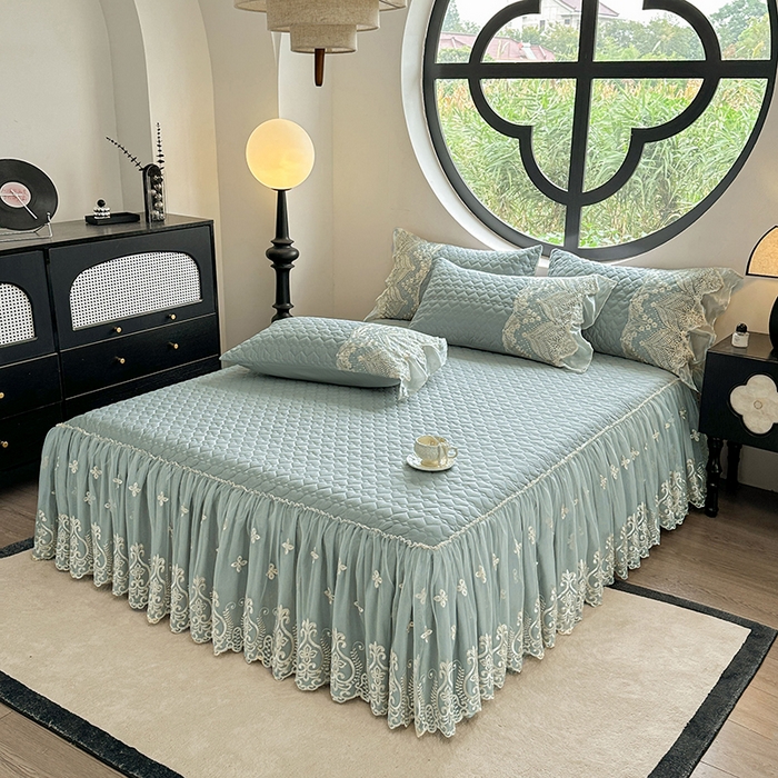 91家纺网 家纺一手货源 找家纺 罗艺轩 2025新款全棉纯棉蕾丝刺绣琉璃单床裙床裙单件（1.5m控价135起、1.8m控价140起、1.8*2.2m控价145起、2.0m控价150起） 琉璃-豆绿