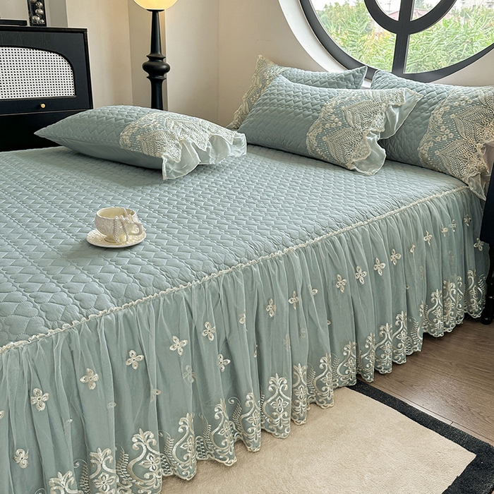 91家纺网 家纺一手货源 找家纺 罗艺轩 2025新款全棉纯棉蕾丝刺绣琉璃单床裙床裙单件（1.5m控价135起、1.8m控价140起、1.8*2.2m控价145起、2.0m控价150起） 琉璃-豆绿