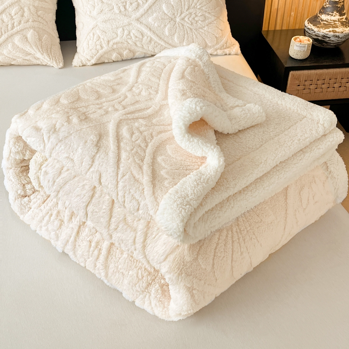 欧邦 2025新款提塔芙绒绒羊羔绒毛毯-繁花 繁花-象牙白