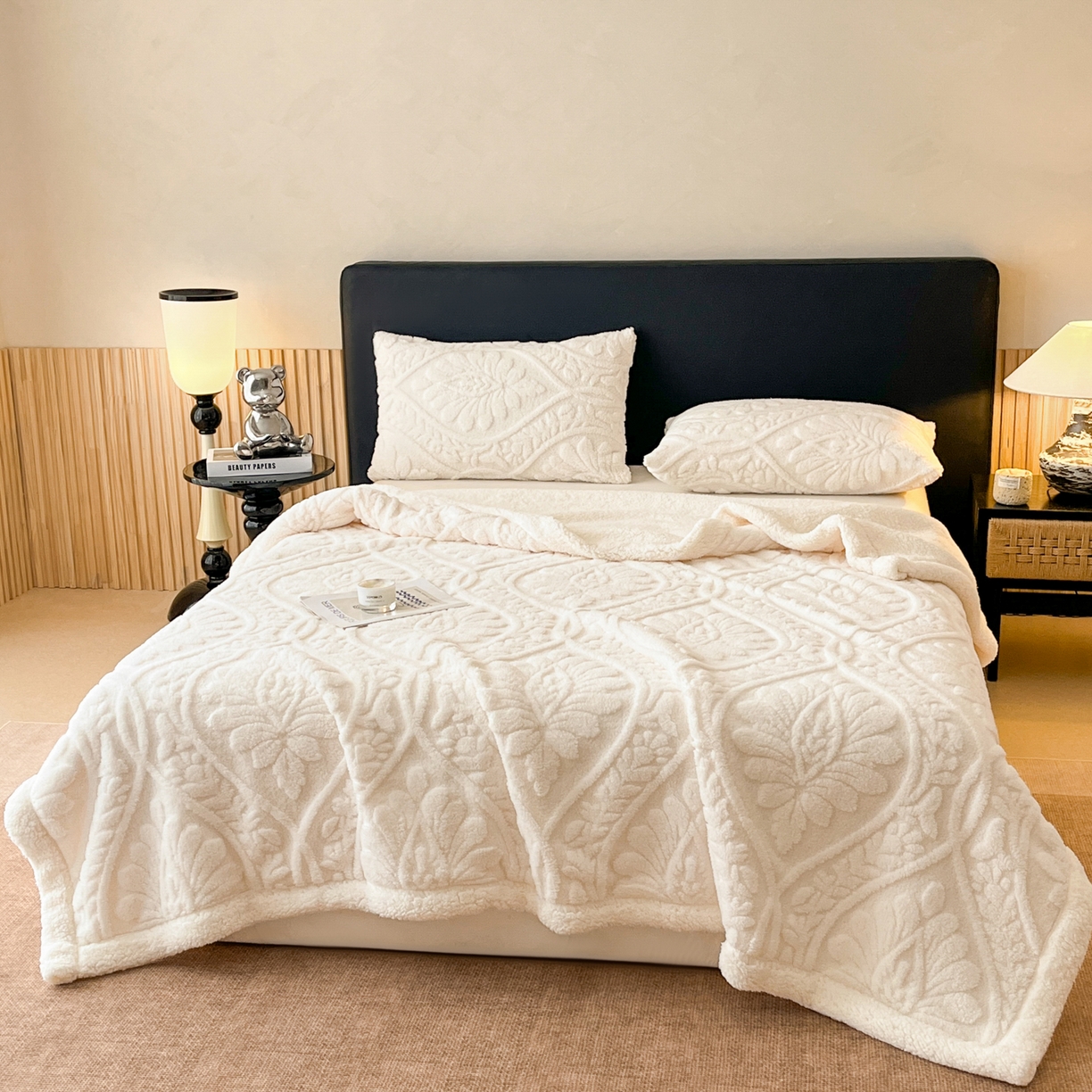 91家纺网 家纺一手货源 找家纺 欧邦 2025新款提塔芙绒绒羊羔绒毛毯-繁花 繁花-象牙白