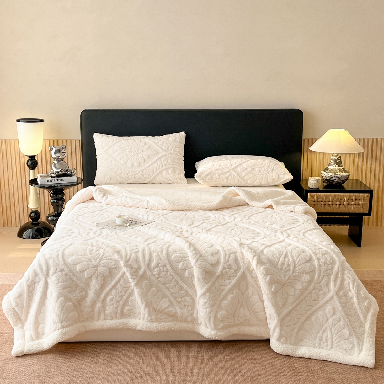 91家纺网 家纺一手货源 找家纺 欧邦 2025新款提塔芙绒绒羊羔绒毛毯-繁花 繁花-象牙白