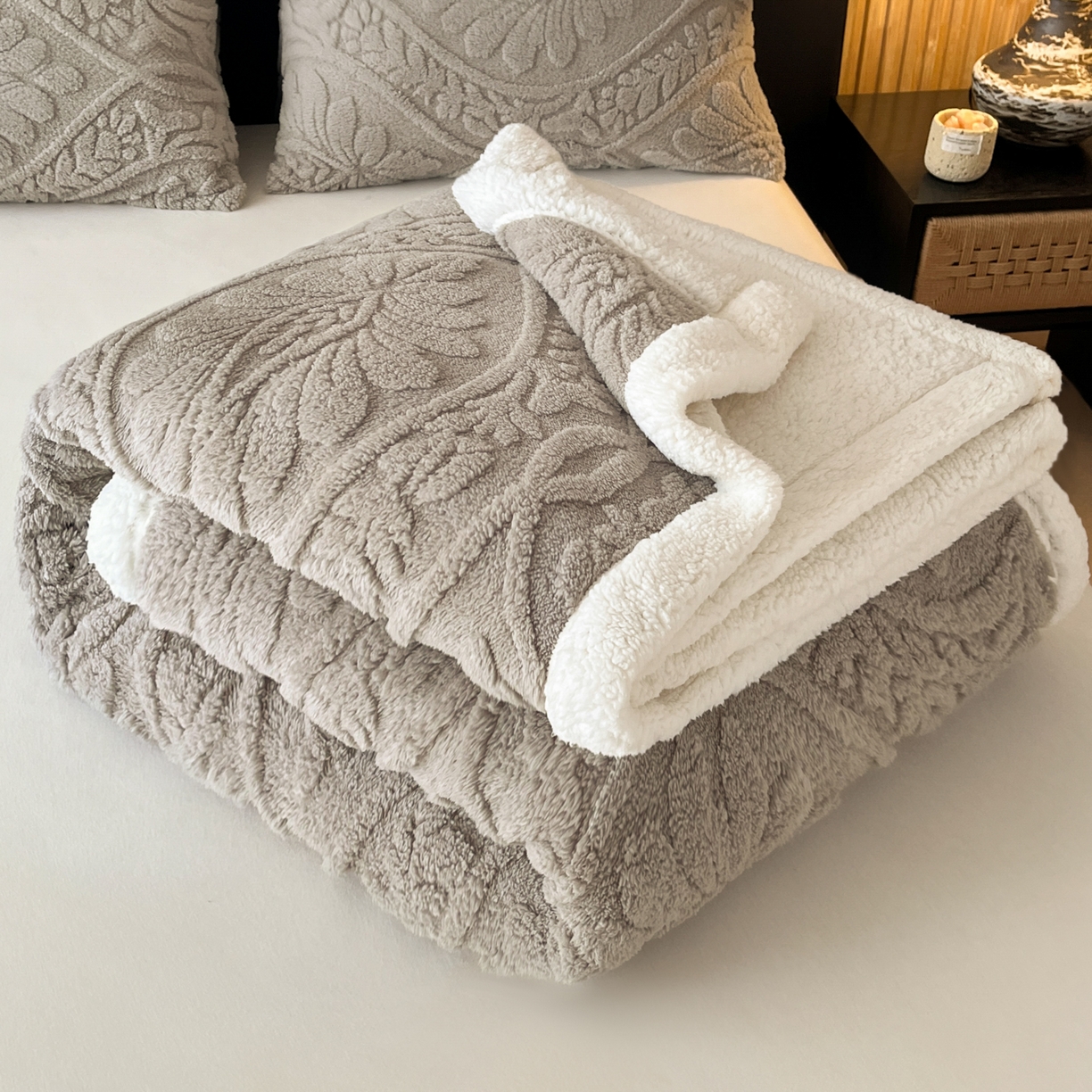 欧邦 2025新款提塔芙绒绒羊羔绒毛毯-繁花 繁花-月影灰
