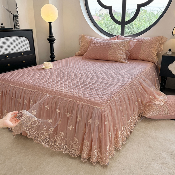 91家纺网 家纺一手货源 找家纺 罗艺轩 2025新款全棉纯棉蕾丝刺绣琉璃单床裙床裙单件（1.5m控价135起、1.8m控价140起、1.8*2.2m控价145起、2.0m控价150起） 琉璃-豆沙