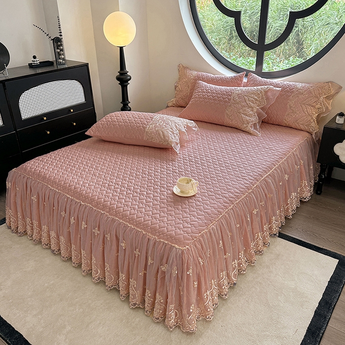 91家纺网 家纺一手货源 找家纺 罗艺轩 2025新款全棉纯棉蕾丝刺绣琉璃单床裙床裙单件（1.5m控价135起、1.8m控价140起、1.8*2.2m控价145起、2.0m控价150起） 琉璃-豆沙