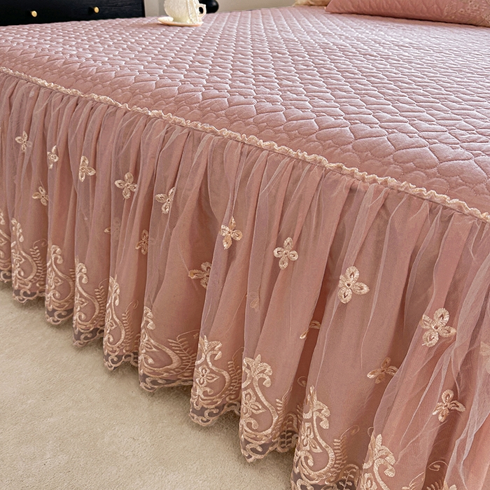 91家纺网 家纺一手货源 找家纺 罗艺轩 2025新款全棉纯棉蕾丝刺绣琉璃单床裙床裙单件（1.5m控价135起、1.8m控价140起、1.8*2.2m控价145起、2.0m控价150起） 琉璃-豆沙