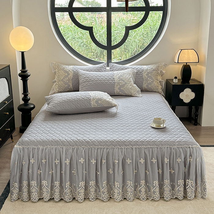 91家纺网 家纺一手货源 找家纺 罗艺轩 2025新款全棉纯棉蕾丝刺绣琉璃单床裙床裙单件（1.5m控价135起、1.8m控价140起、1.8*2.2m控价145起、2.0m控价150起） 琉璃-灰