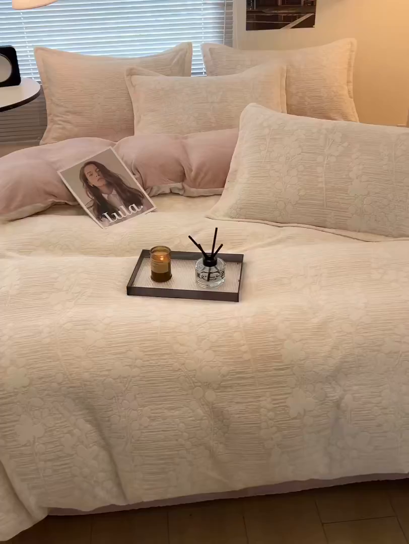 91家纺网 家纺一手货源 找家纺 倾慕家纺 2026新款舒适保暖立体浮雕绒系列四件套 豆蔻年华粉