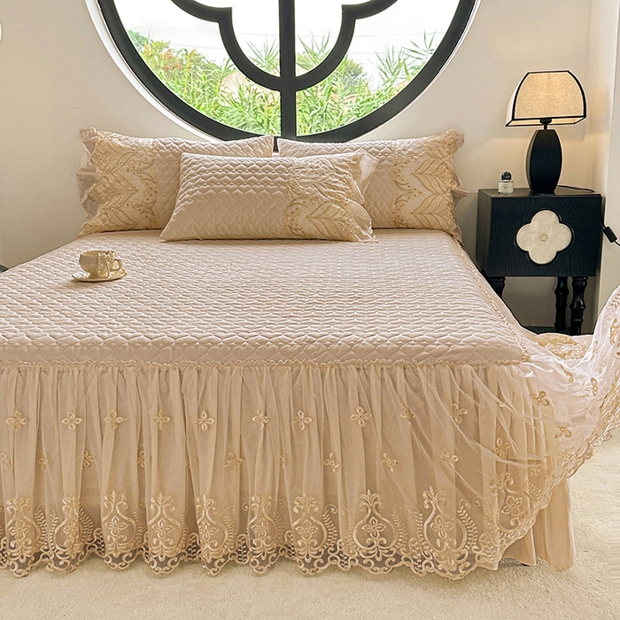 91家纺网 家纺一手货源 找家纺 罗艺轩 2025新款全棉纯棉蕾丝刺绣琉璃单床裙床裙单件（1.5m控价135起、1.8m控价140起、1.8*2.2m控价145起、2.0m控价150起） 琉璃-香槟