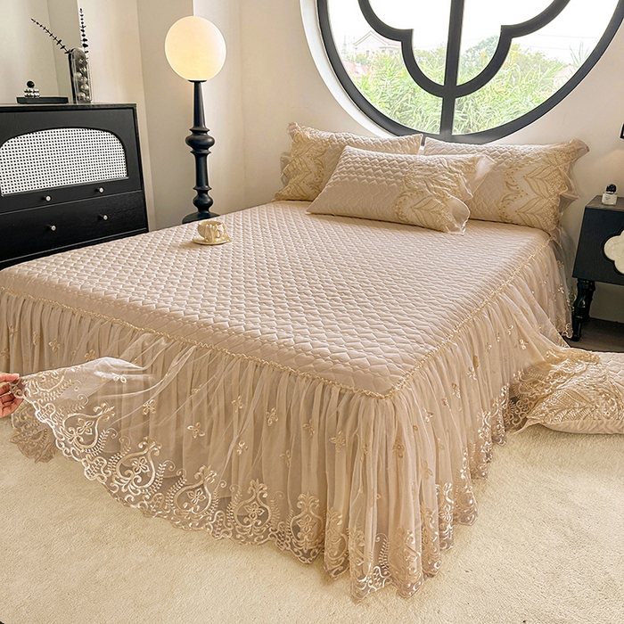 91家纺网 家纺一手货源 找家纺 罗艺轩 2025新款全棉纯棉蕾丝刺绣琉璃单床裙床裙单件（1.5m控价135起、1.8m控价140起、1.8*2.2m控价145起、2.0m控价150起） 琉璃-香槟