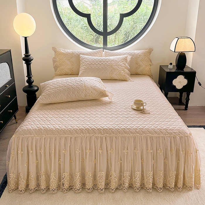 91家纺网 家纺一手货源 找家纺 罗艺轩 2025新款全棉纯棉蕾丝刺绣琉璃单床裙床裙单件（1.5m控价135起、1.8m控价140起、1.8*2.2m控价145起、2.0m控价150起） 琉璃-香槟