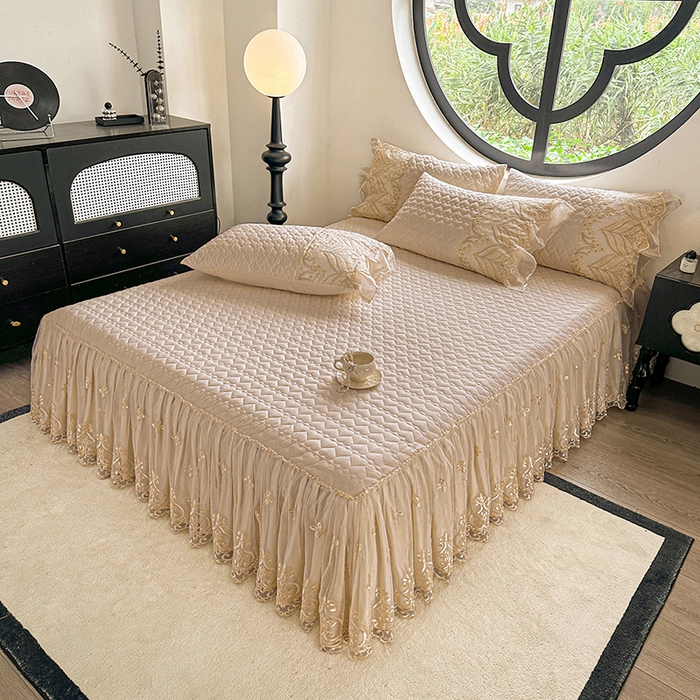 91家纺网 家纺一手货源 找家纺 罗艺轩 2025新款全棉纯棉蕾丝刺绣琉璃单床裙床裙单件（1.5m控价135起、1.8m控价140起、1.8*2.2m控价145起、2.0m控价150起） 琉璃-香槟