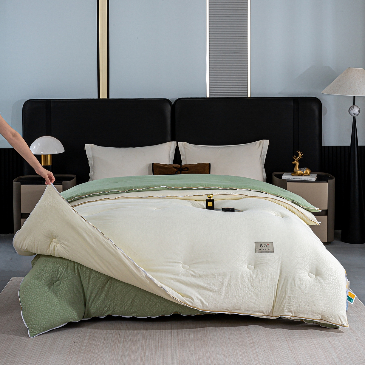 91家纺网 家纺一手货源 找家纺 欢乐季  2025新款7A抗菌豆荚格大豆子母被（可以开发票—专票8个点） 白+绿