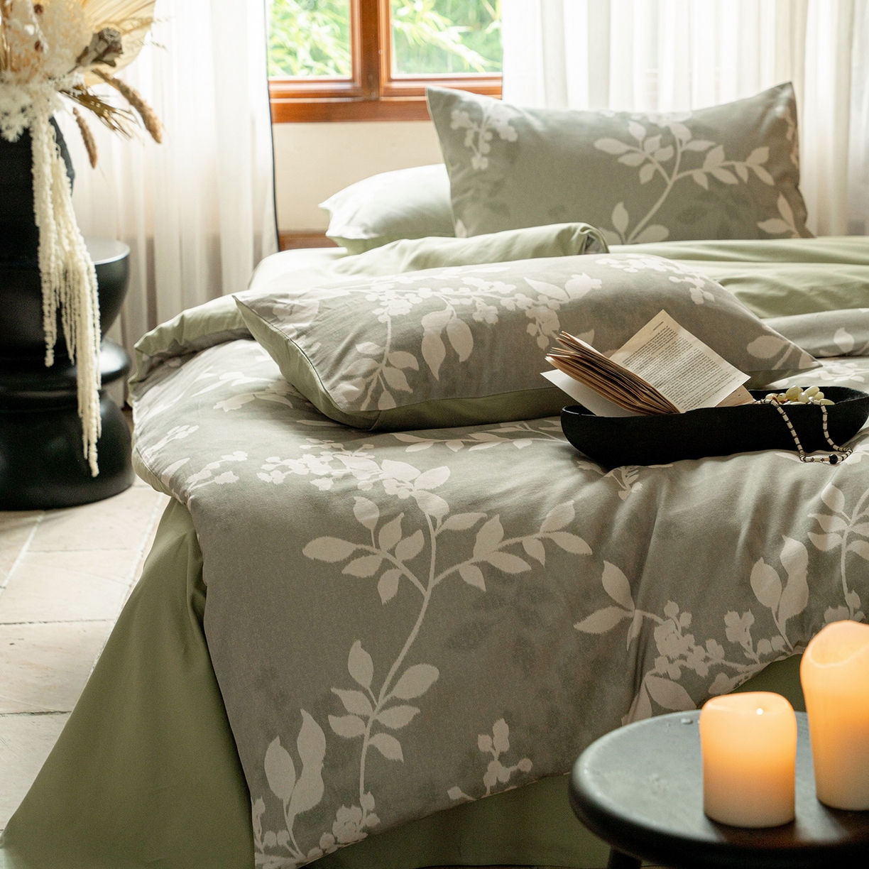 91家纺网 家纺一手货源 找家纺 禾时 2025新款全棉贡缎磨毛数码印花四件套 池影-绿