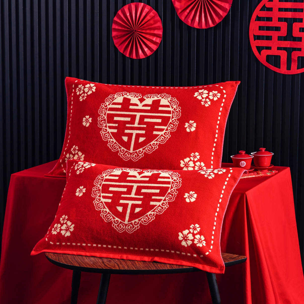 美宜家 2025新款全棉毛圈防滑隔脏婚庆老式全棉枕巾 喜上加喜