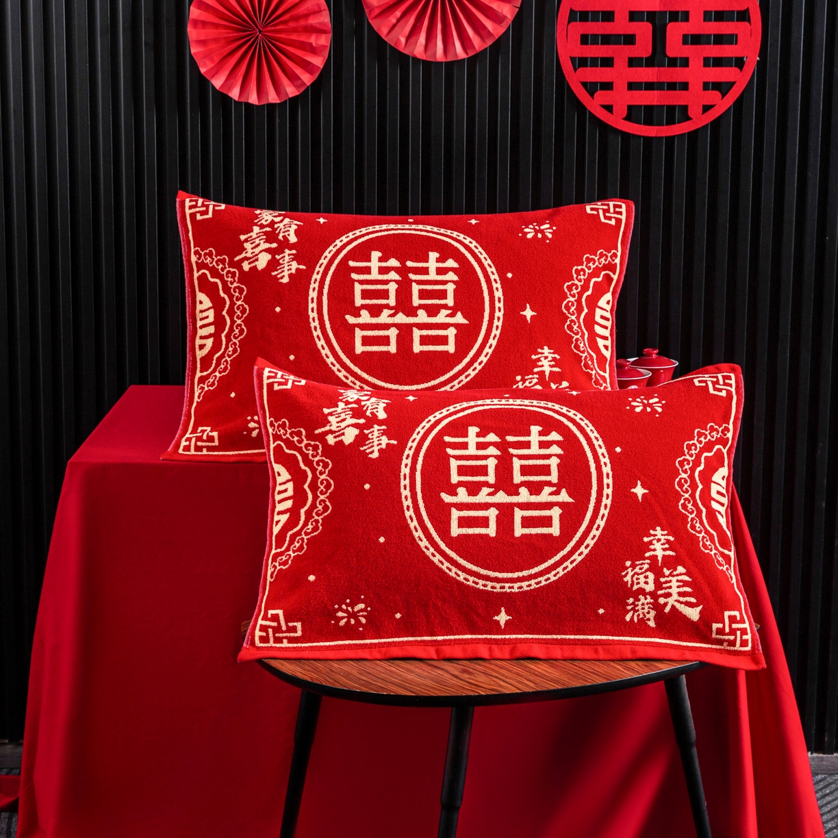 91家纺网 家纺一手货源 找家纺 美宜家 2025新款全棉毛圈防滑隔脏婚庆老式全棉枕巾 幸福美满 