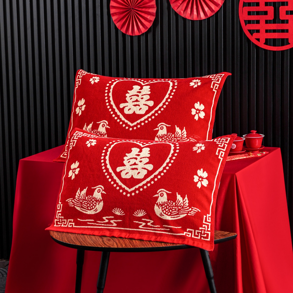 美宜家 2025新款全棉毛圈防滑隔脏婚庆老式全棉枕巾 鸳鸯福禄