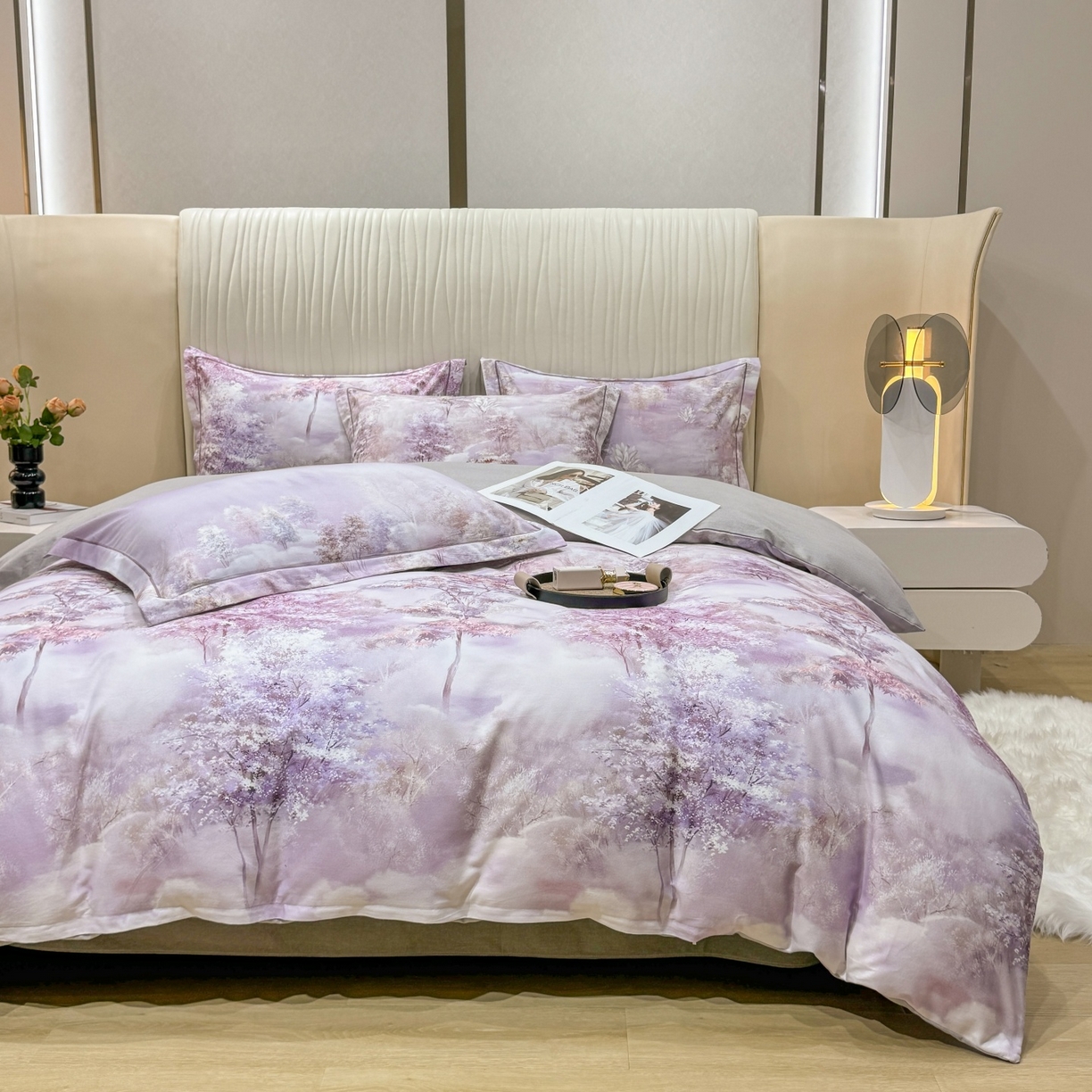 91家纺网 家纺一手货源 找家纺 红日子纺织品 2025新款A类全棉磨毛数码印花四件套 轻影树春