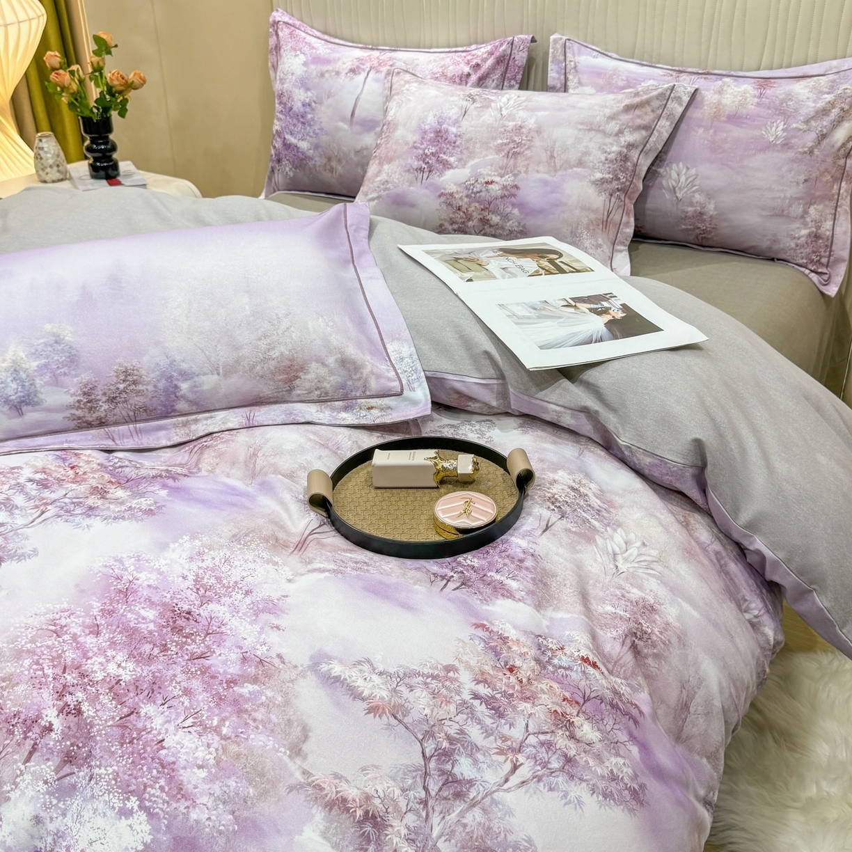 91家纺网 家纺一手货源 找家纺 红日子纺织品 2025新款A类全棉磨毛数码印花四件套 轻影树春