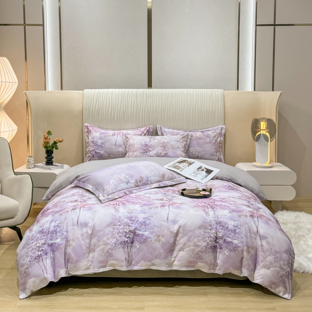 91家纺网 家纺一手货源 找家纺 红日子纺织品 2025新款A类全棉磨毛数码印花四件套 轻影树春