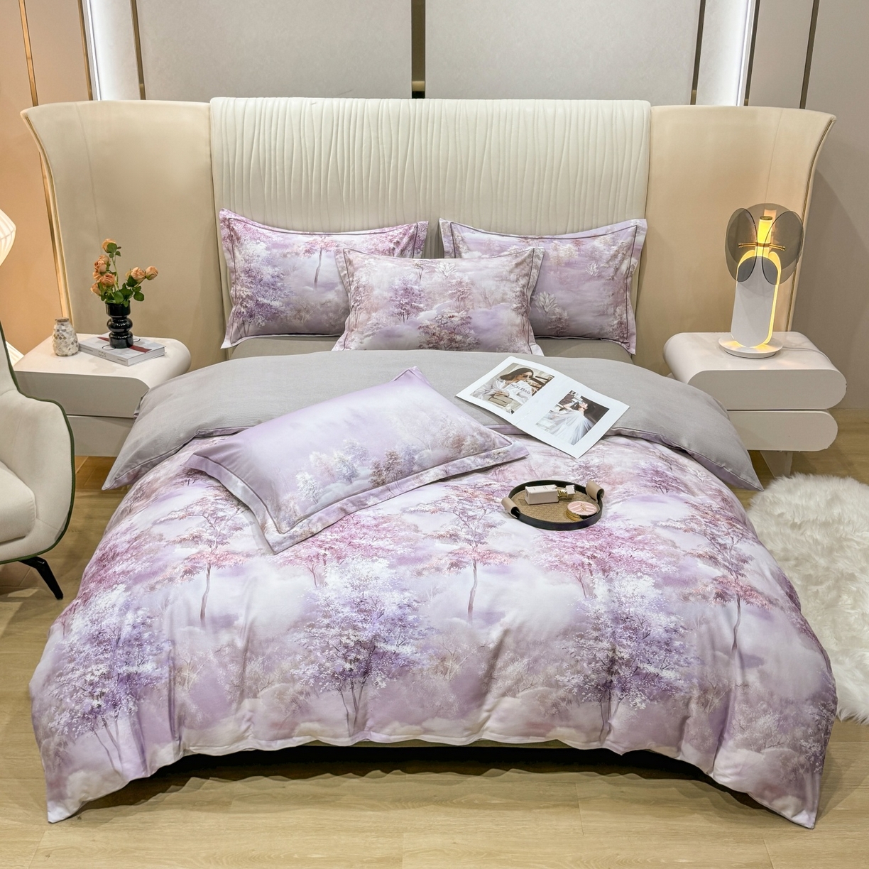 91家纺网 家纺一手货源 找家纺 红日子纺织品 2025新款A类全棉磨毛数码印花四件套 轻影树春