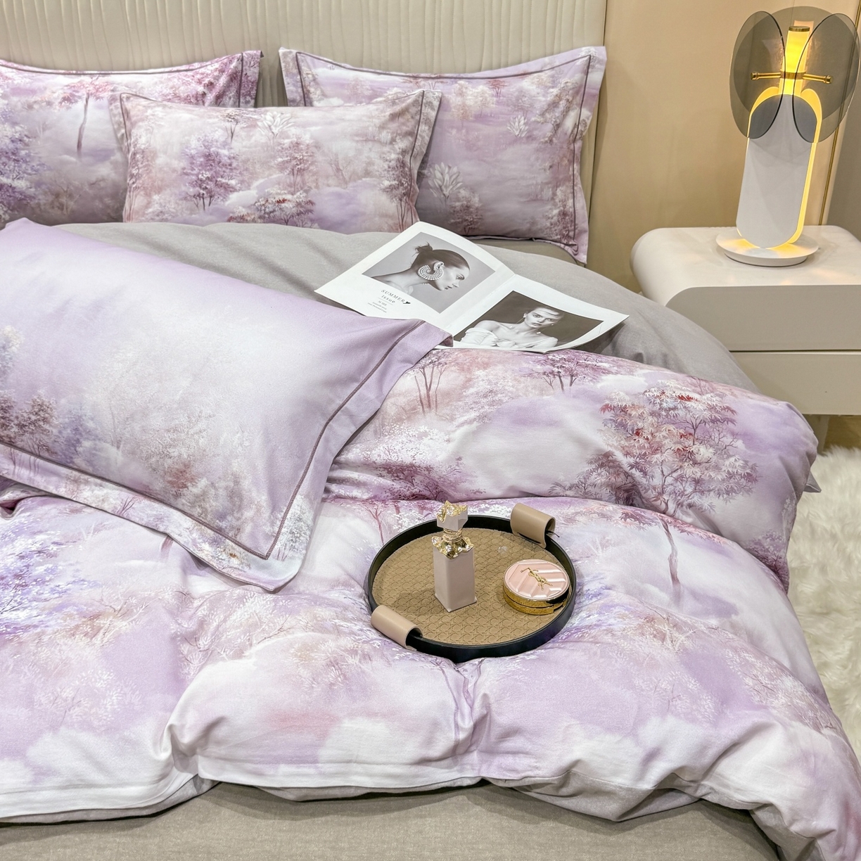 91家纺网 家纺一手货源 找家纺 红日子纺织品 2025新款A类全棉磨毛数码印花四件套 轻影树春