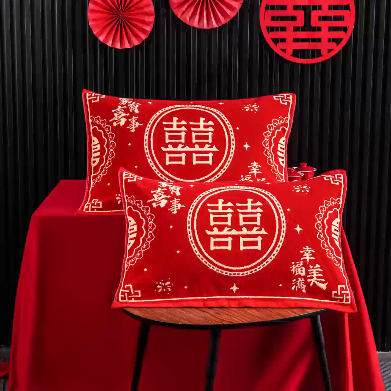 91家纺网 家纺一手货源 找家纺 美宜家 2025新款全棉毛圈防滑隔脏婚庆老式全棉枕巾 幸福美满 