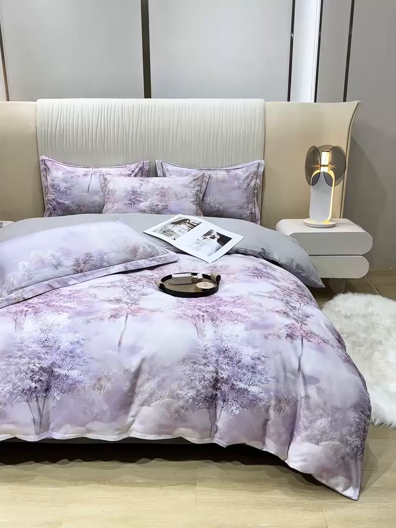 91家纺网 家纺一手货源 找家纺 红日子纺织品 2025新款A类全棉磨毛数码印花四件套 轻影树春