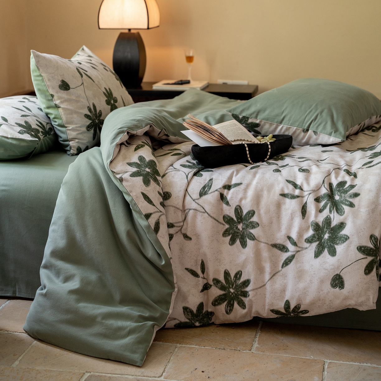 禾时 2025新款全棉贡缎磨毛数码印花四件套 花解语-绿