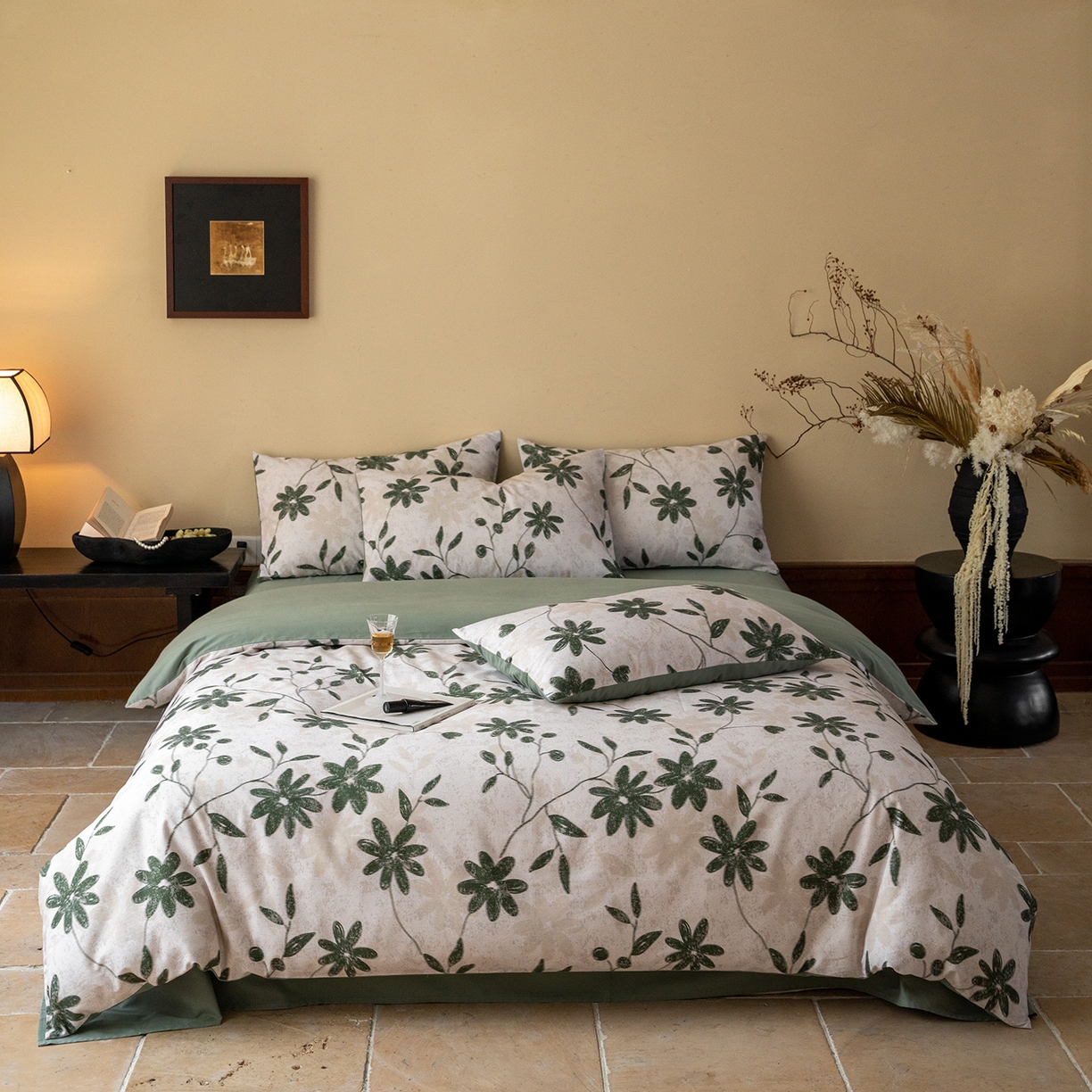 91家纺网 家纺一手货源 找家纺 禾时 2025新款全棉贡缎磨毛数码印花四件套 花解语-绿