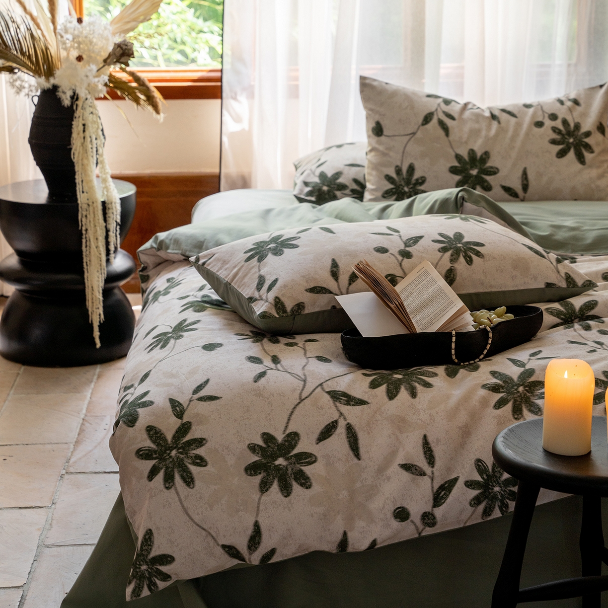 91家纺网 家纺一手货源 找家纺 禾时 2025新款全棉贡缎磨毛数码印花四件套 花解语-绿