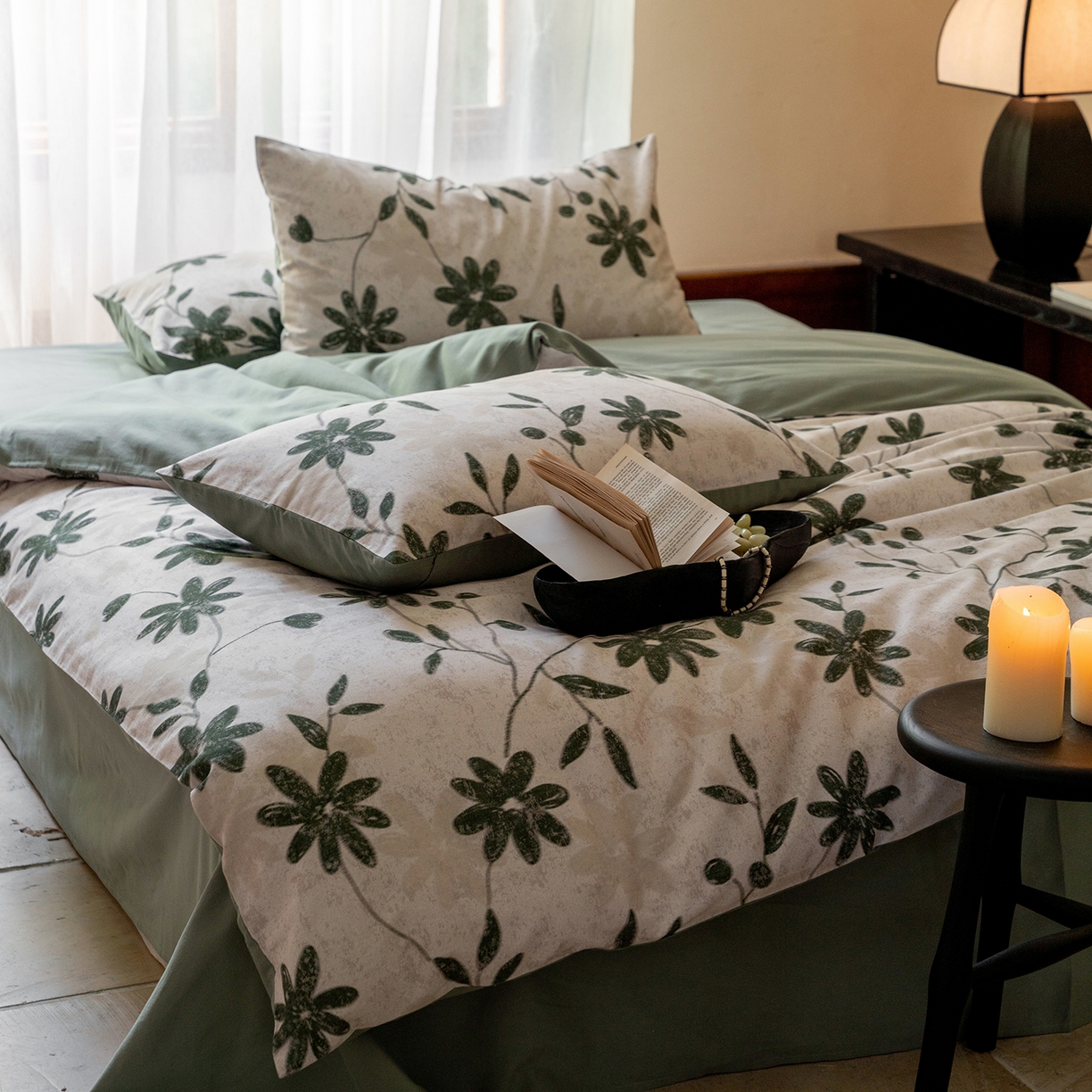 91家纺网 家纺一手货源 找家纺 禾时 2025新款全棉贡缎磨毛数码印花四件套 花解语-绿