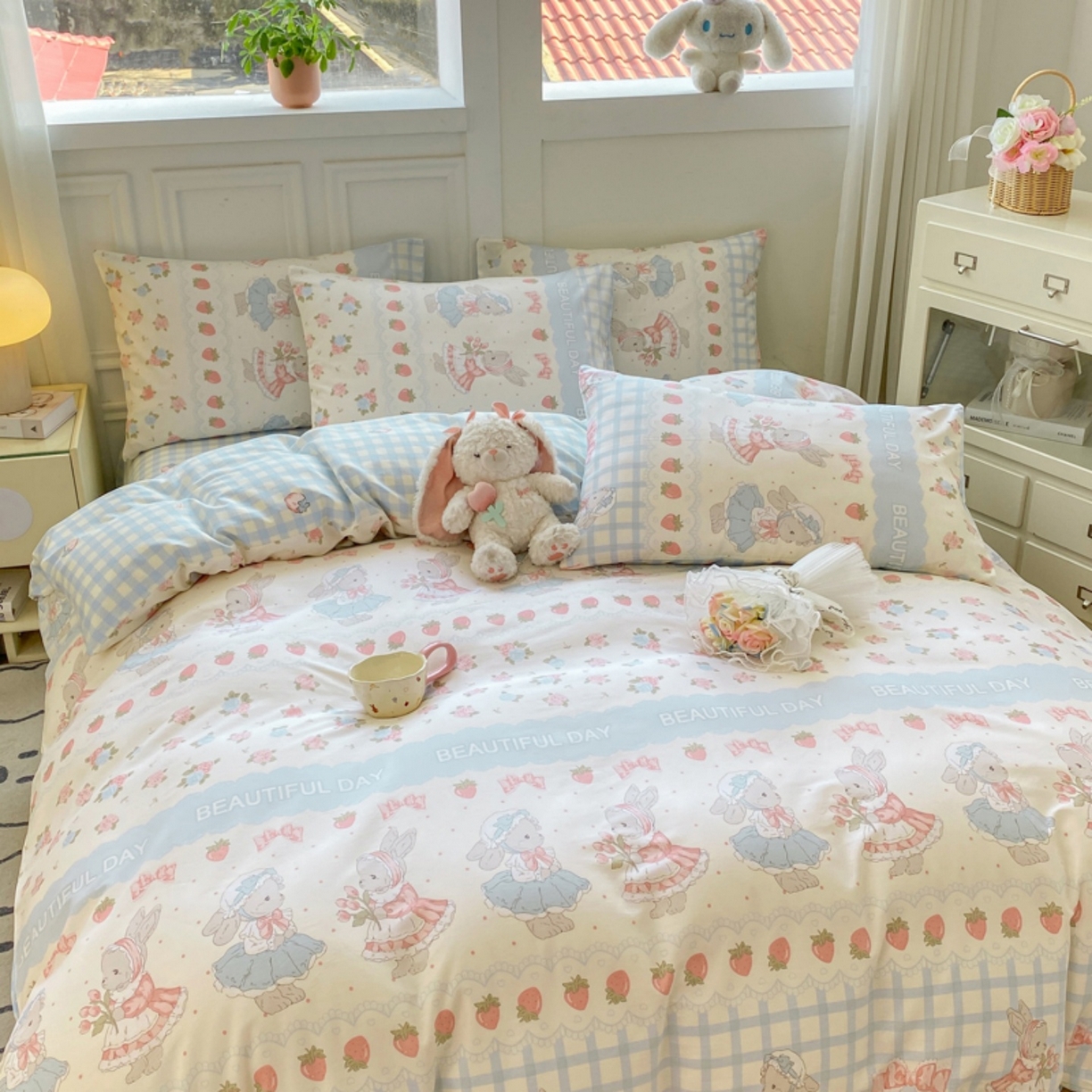 91家纺网 家纺一手货源 找家纺 红日子纺织品 2025新款A类全棉印花单被套 可爱兔