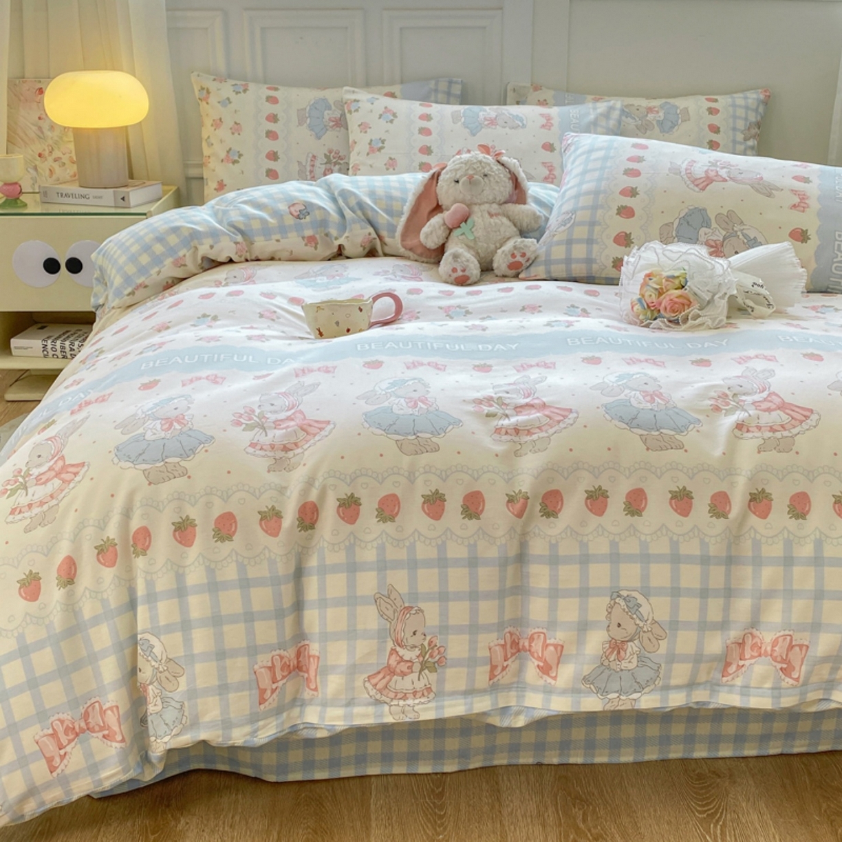 91家纺网 家纺一手货源 找家纺 红日子纺织品 2025新款A类全棉印花单被套 可爱兔