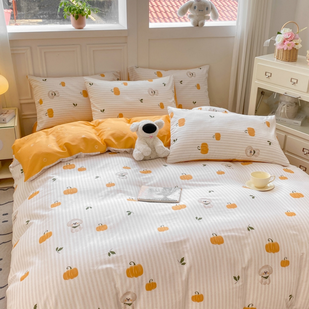 91家纺网 家纺一手货源 找家纺 红日子纺织品 2025新款A类全棉印花单被套 南瓜小狗