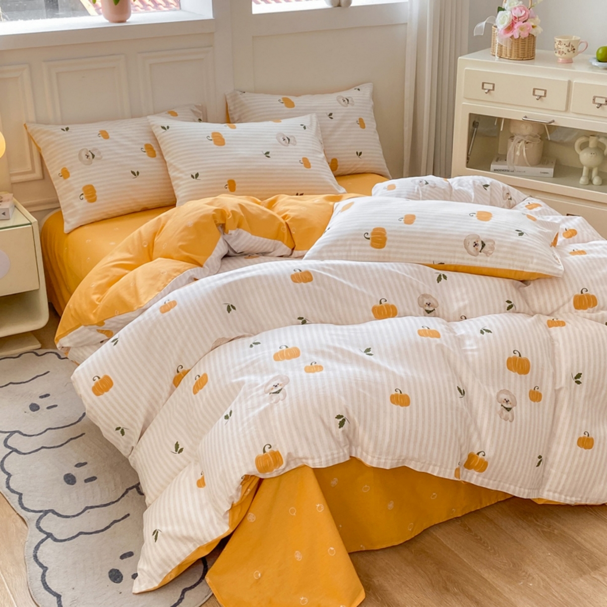 91家纺网 家纺一手货源 找家纺 红日子纺织品 2025新款A类全棉印花单被套 南瓜小狗