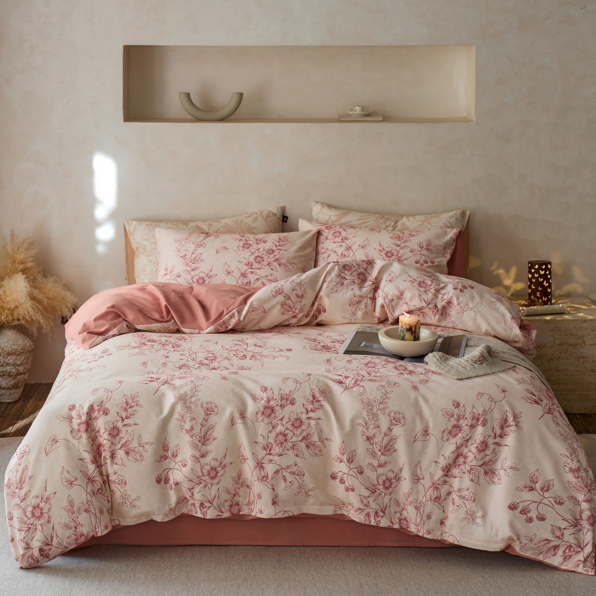 91家纺网 家纺一手货源 找家纺 安莱生活 2025新款A类40支磨毛印花全棉四件套 花禧-红
