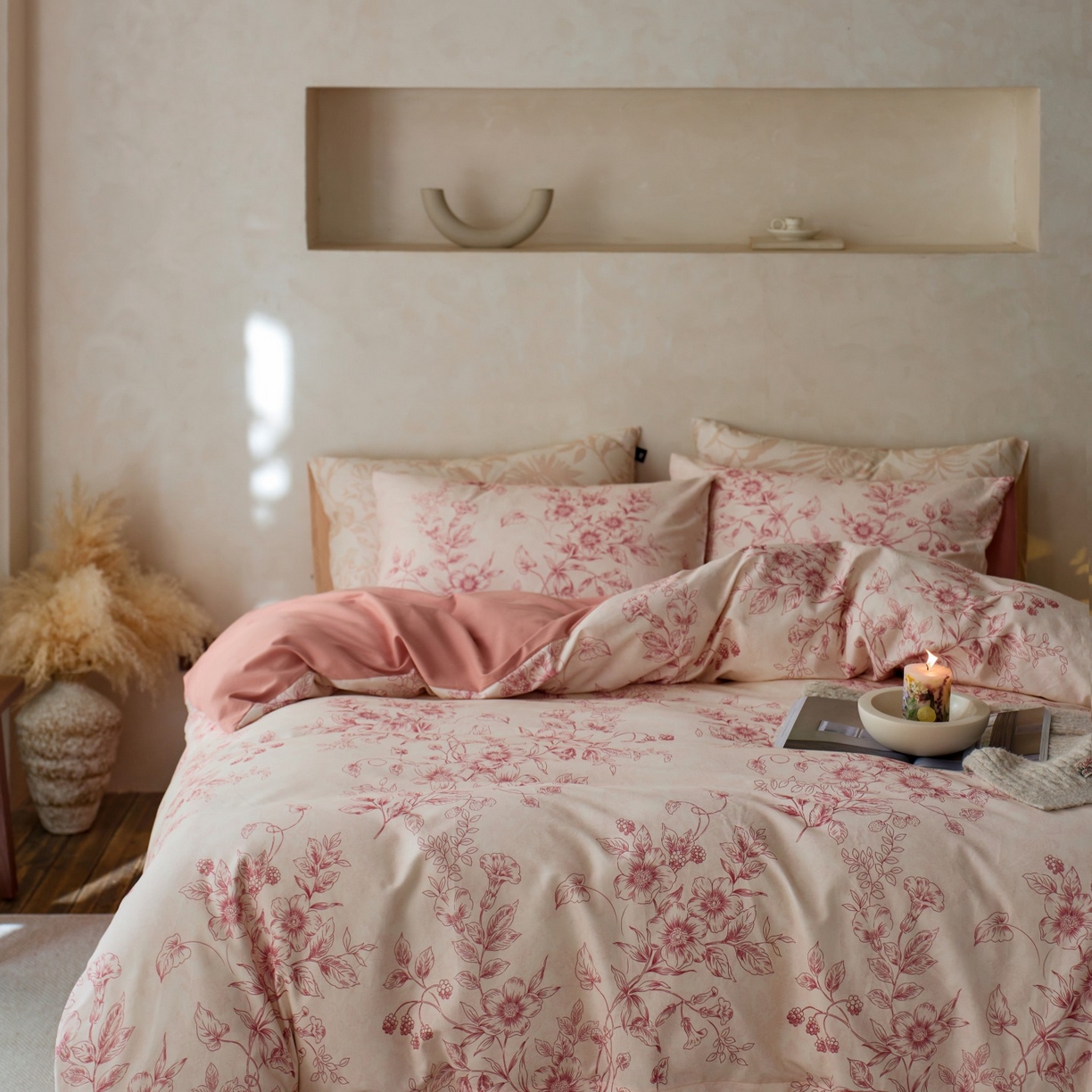 91家纺网 家纺一手货源 找家纺 安莱生活 2025新款A类40支磨毛印花全棉四件套 花禧-红