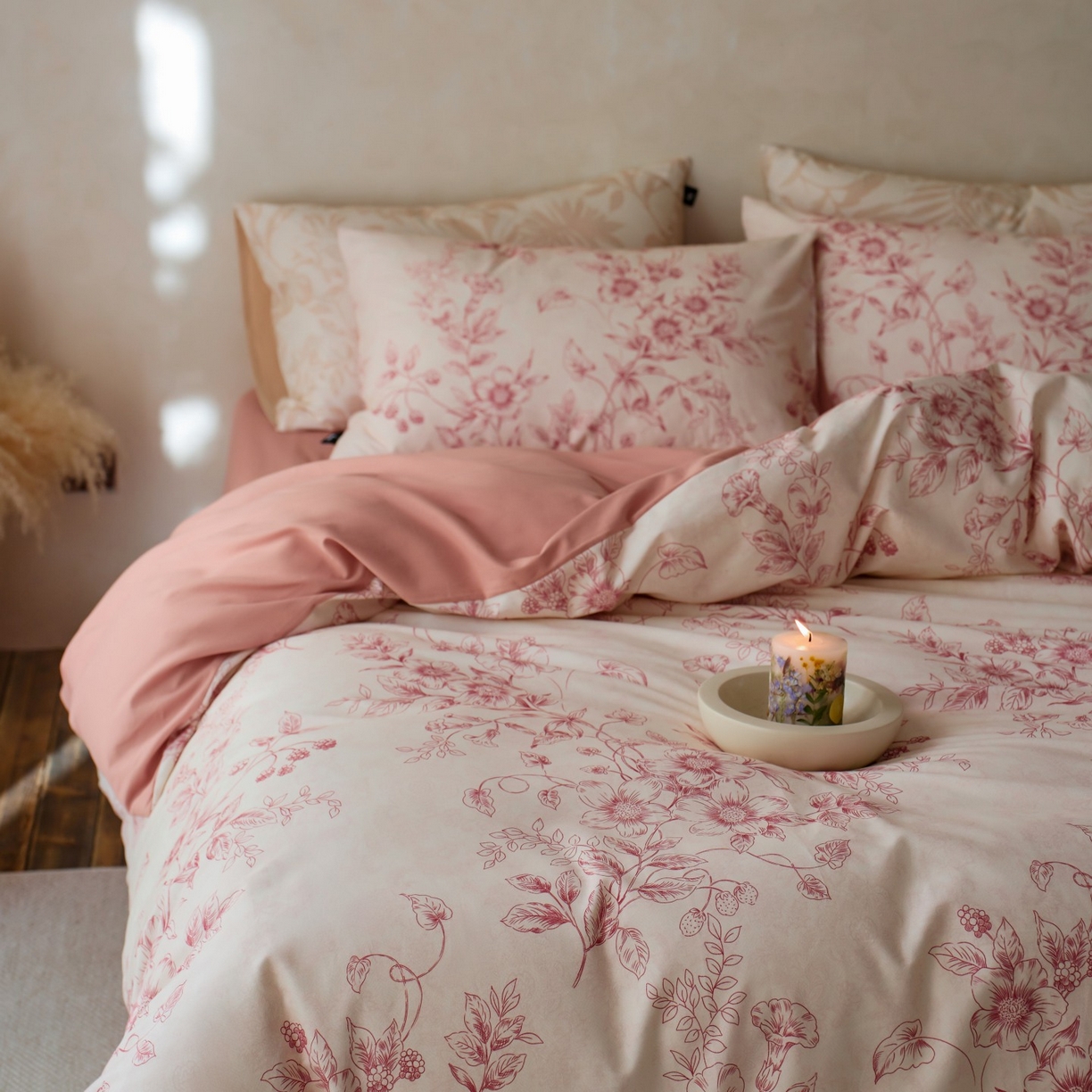 91家纺网 家纺一手货源 找家纺 安莱生活 2025新款A类40支磨毛印花全棉四件套 花禧-红