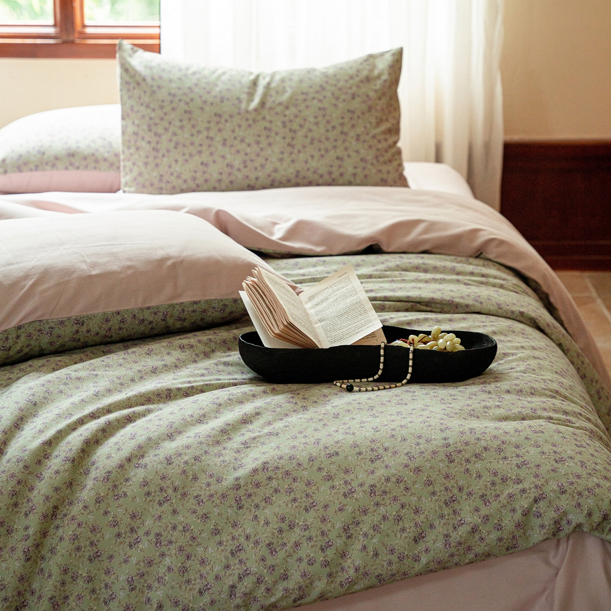 91家纺网 家纺一手货源 找家纺 禾时 2025新款全棉贡缎磨毛数码印花四件套 珑葵-绿