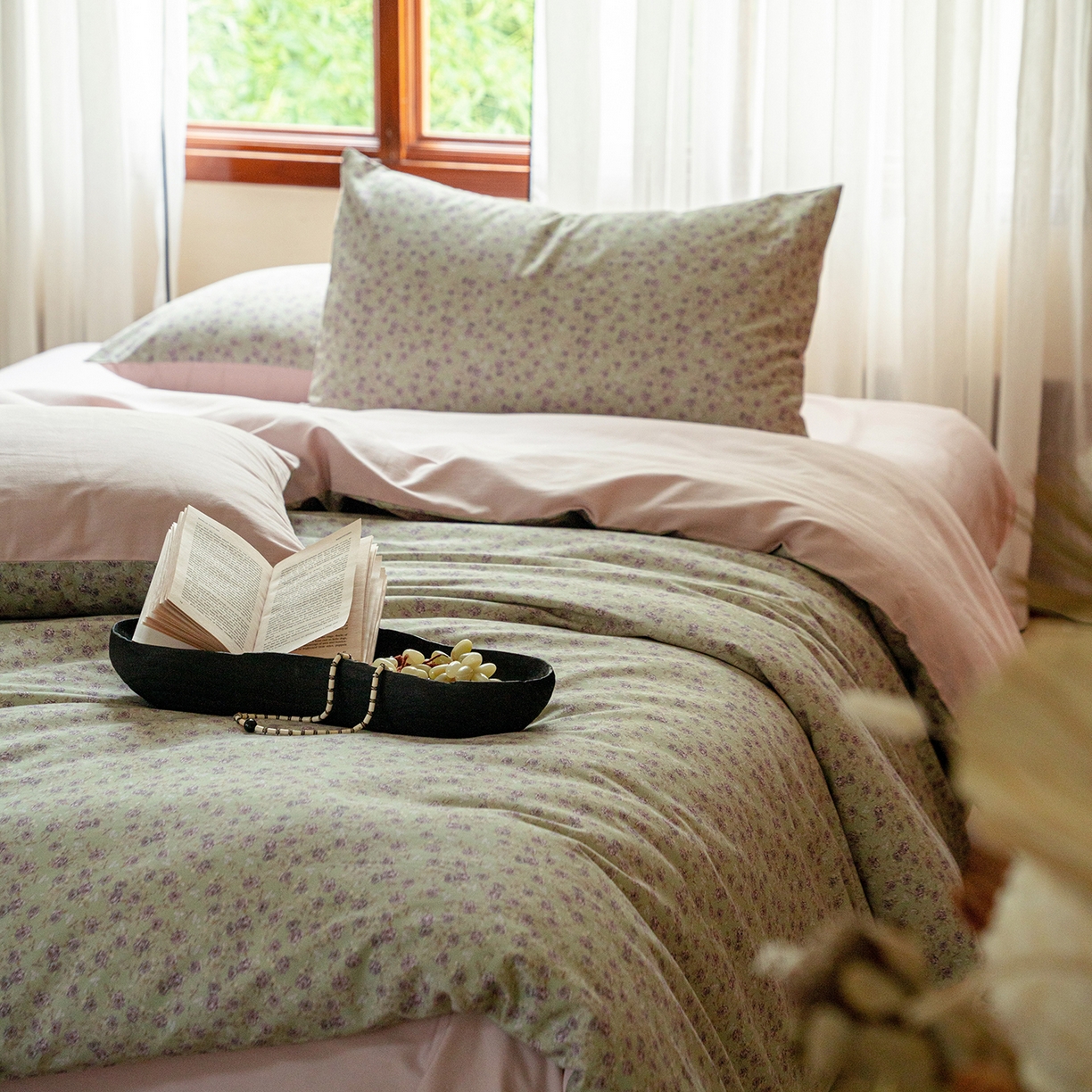 91家纺网 家纺一手货源 找家纺 禾时 2025新款全棉贡缎磨毛数码印花四件套 珑葵-绿