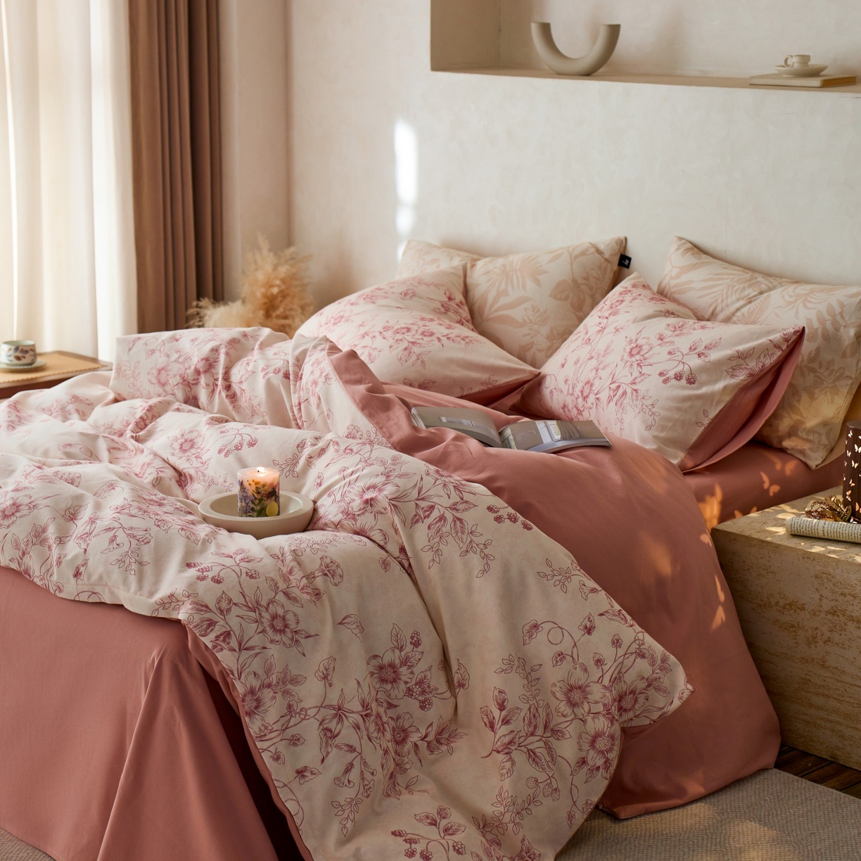 91家纺网 家纺一手货源 找家纺 安莱生活 2025新款A类40支磨毛印花全棉四件套 花禧-红