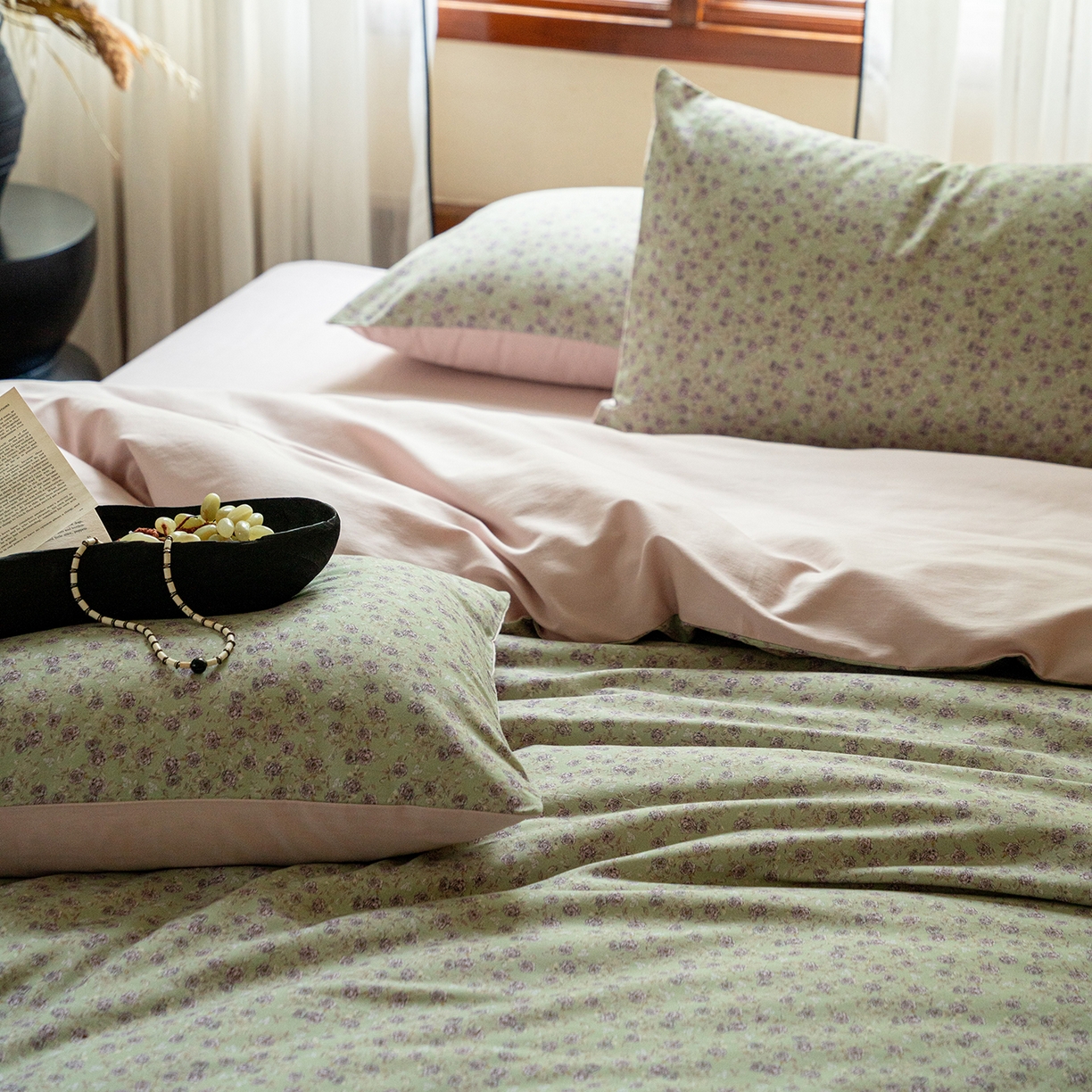 91家纺网 家纺一手货源 找家纺 禾时 2025新款全棉贡缎磨毛数码印花四件套 珑葵-绿