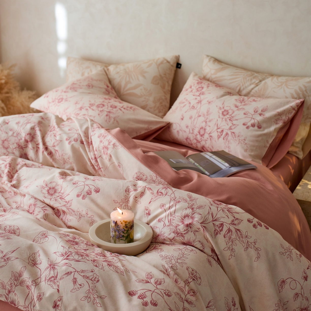 91家纺网 家纺一手货源 找家纺 安莱生活 2025新款A类40支磨毛印花全棉四件套 花禧-红