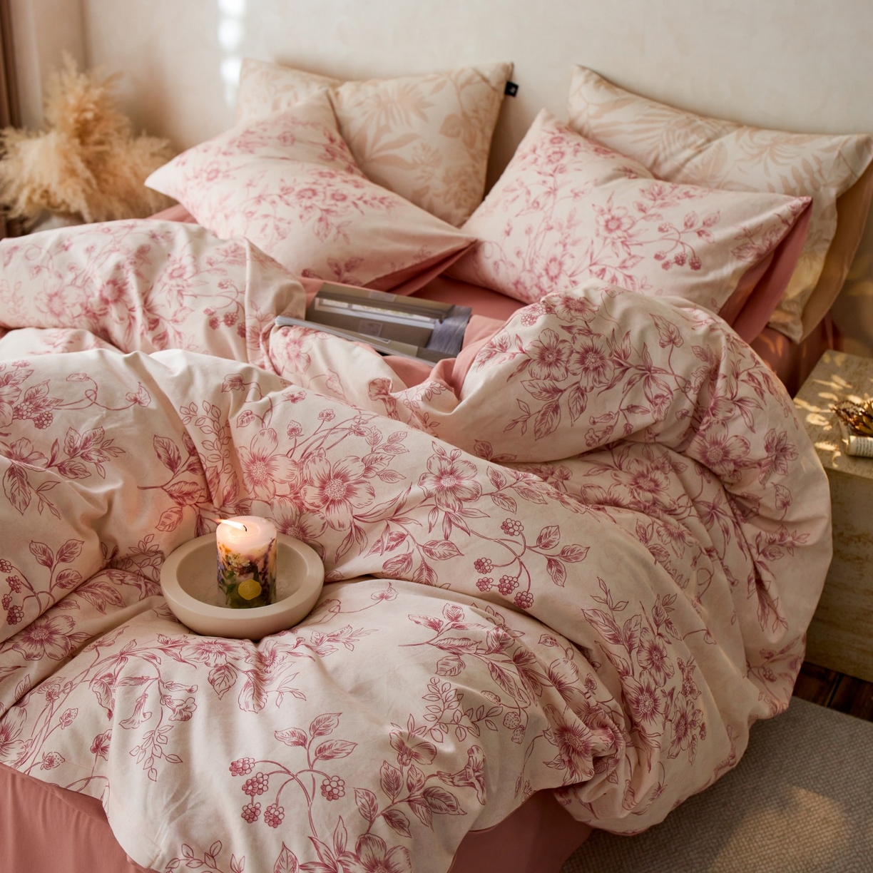 91家纺网 家纺一手货源 找家纺 安莱生活 2025新款A类40支磨毛印花全棉四件套 花禧-红