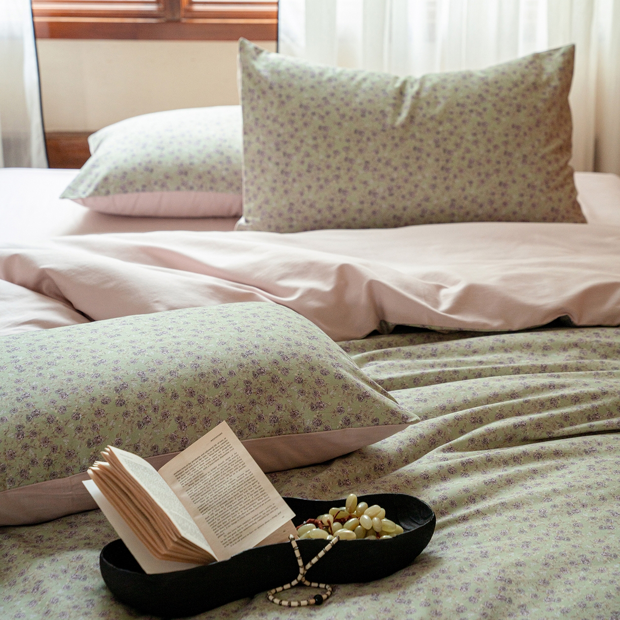 91家纺网 家纺一手货源 找家纺 禾时 2025新款全棉贡缎磨毛数码印花四件套 珑葵-绿