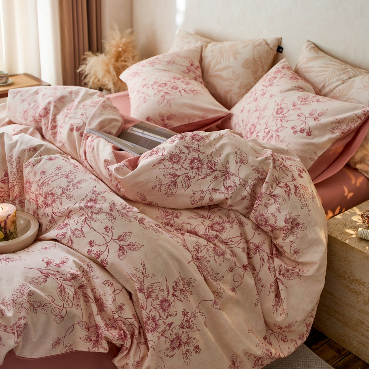 91家纺网 家纺一手货源 找家纺 安莱生活 2025新款A类40支磨毛印花全棉四件套 花禧-红