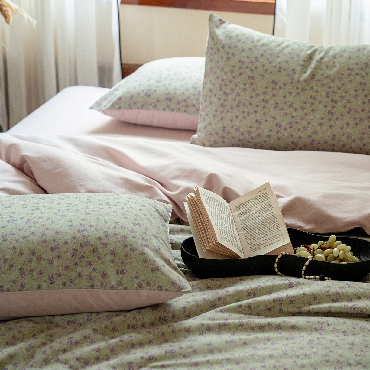 91家纺网 家纺一手货源 找家纺 禾时 2025新款全棉贡缎磨毛数码印花四件套 珑葵-绿